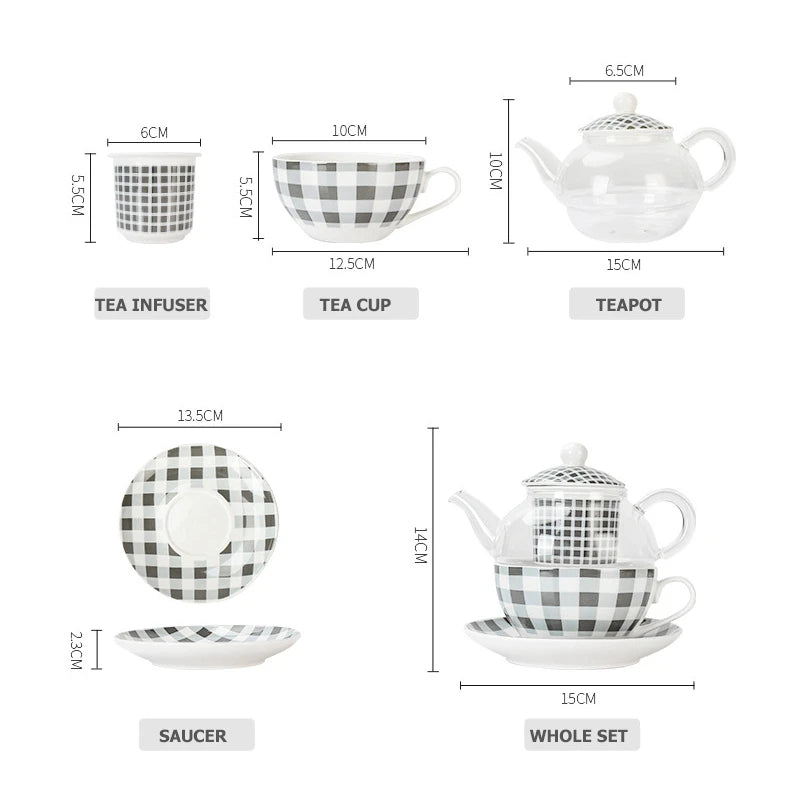 Ceramic Tea for One Set Checkered Design Glass Teapot Fine Bone China Saucer Teacup Tea Stainer Infuser Teaware with Gift Box