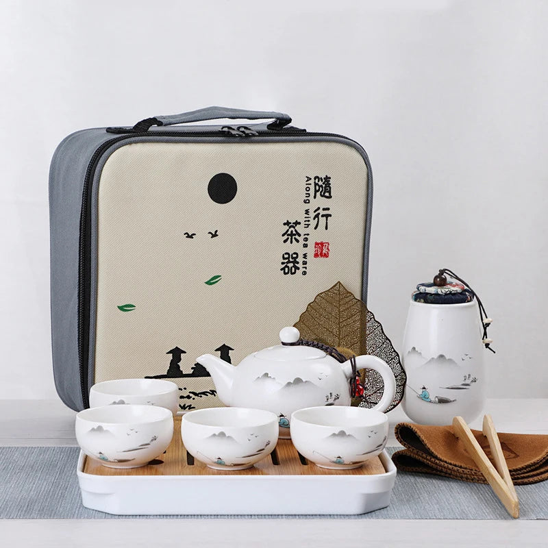 Ceramic Teapot One Pot Four Cup Outdoor Travel Kung Fu Teapot Tote Bag Travel Cup Set Tcup Gift Tea Set Chinese Tea Set