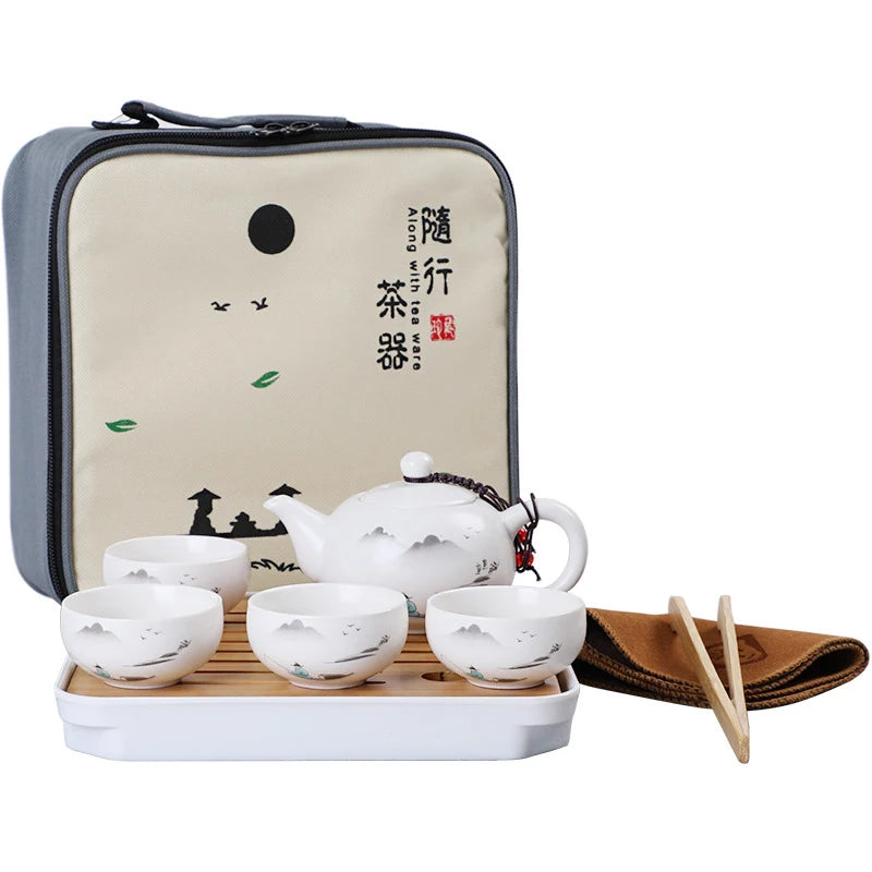 Ceramic Teapot One Pot Four Cup Outdoor Travel Kung Fu Teapot Tote Bag Travel Cup Set Tcup Gift Tea Set Chinese Tea Set