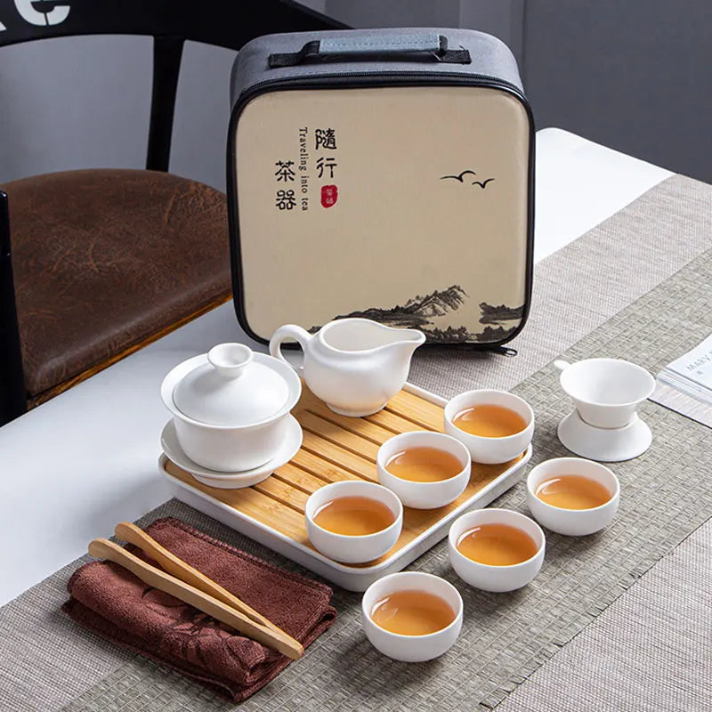 Ceramic Teapot One Pot Six Cup Outdoor Travel Tea Pot and Cup Set Tote Bag Chinese Tea Set Business Gift Home Porcelain Teaware