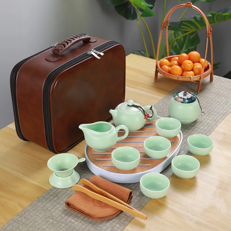 Ceramic Teapot One Pot Six Cup Outdoor Travel Tea Pot and Cup Set Tote Bag Chinese Tea Set Business Gift Home Porcelain Teaware