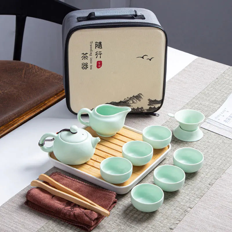 Ceramic Teapot One Pot Six Cup Outdoor Travel Tea Pot and Cup Set Tote Bag Chinese Tea Set Business Gift Home Porcelain Teaware