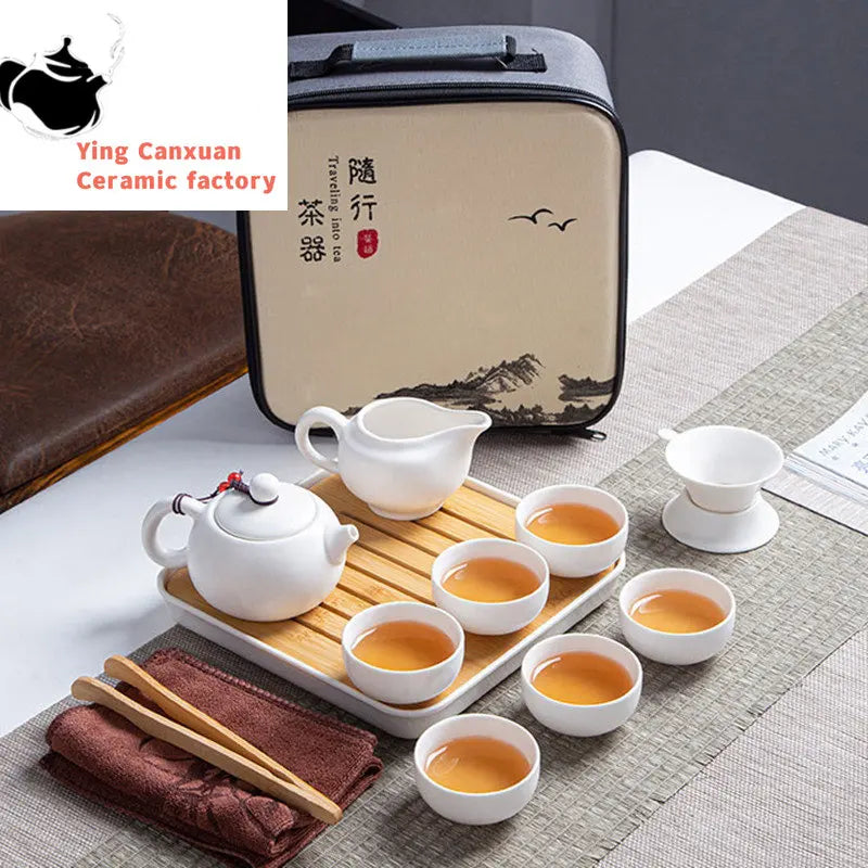 Ceramic Teapot One Pot Six Cup Outdoor Travel Tea Pot and Cup Set Tote Bag Chinese Tea Set Business Gift Home Porcelain Teaware