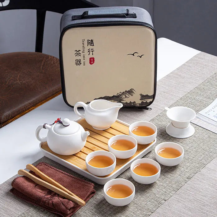 Ceramic Teapot One Pot Six Cup Outdoor Travel Tea Pot and Cup Set Tote Bag Chinese Tea Set Business Gift Home Porcelain Teaware