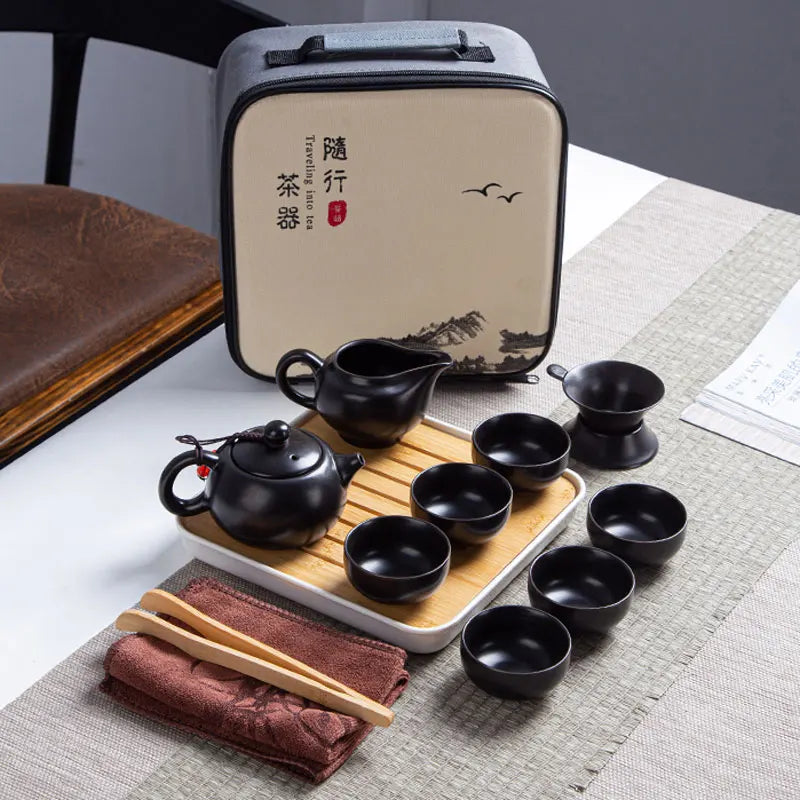 Ceramic Teapot One Pot Six Cup Outdoor Travel Tea Pot and Cup Set Tote Bag Chinese Tea Set Business Gift Home Porcelain Teaware