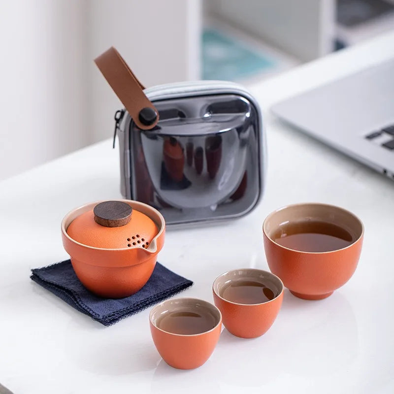 Ceramic Teapot One Pot Three Cup Outdoor Travel Kung Fu Teapot Tote Bag Travel Cup Set Tcup Gift Tea Set Chinese Tea Set Cup