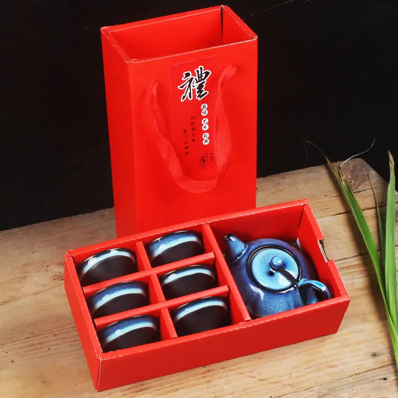 Ceramic Teapot Set Gaiwan Tea Cups of Tea Ceremony Teacup Fine Gift Kung Fu Tea Set Blue Amber Glaze Lid Bowl Kiln Turned Teapot
