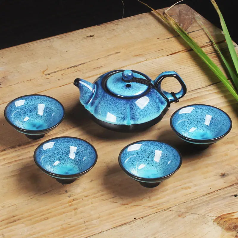 Ceramic Teapot Set Gaiwan Tea Cups of Tea Ceremony Teacup Fine Gift Kung Fu Tea Set Blue Amber Glaze Lid Bowl Kiln Turned Teapot