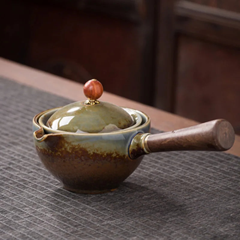 Ceramic Teapot With Wooden Handle Side-handle Pot Household Kung Fu Oolong Filter Tea Maker Creative Pottery Teaware Make Tea