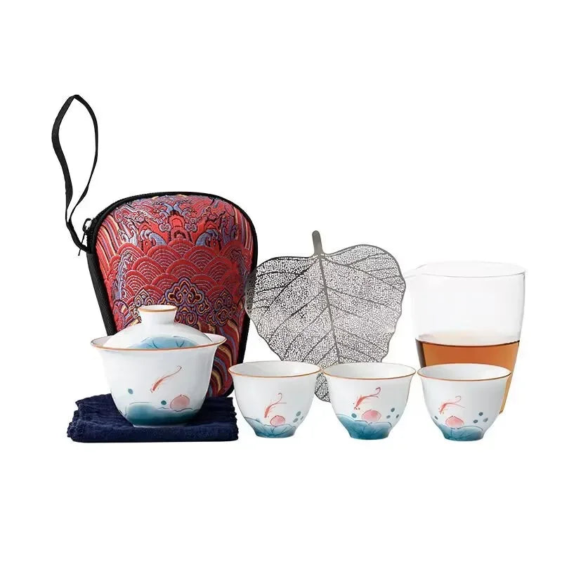 Ceramic Travel Kung Fu Tea Set Teaware Travel Bag 1 Teapot 3 Teacups Porcelain Glass Tea Pot With Cup Gaiwan Set Business Gift