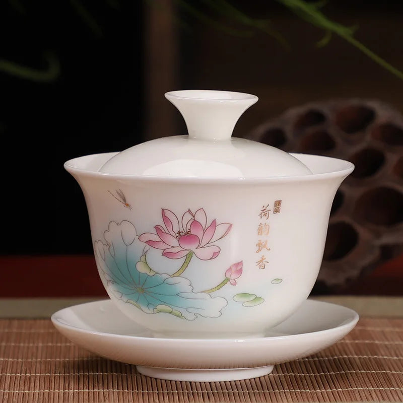 Ceramic White Gaiwan Tea Set Chinese Kung Fu Teaware Pigmented Tea Cup Set Handmade Tea Tureen Home Porcelanas Tea Bowl