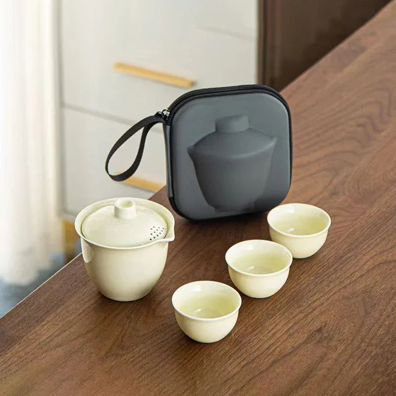 Ceramics Travel Tea set Include 1 Pot 3 TeaCup, High quality elegant gaiwan,Beautiful easy teapot kettle,kung fu teaset cup