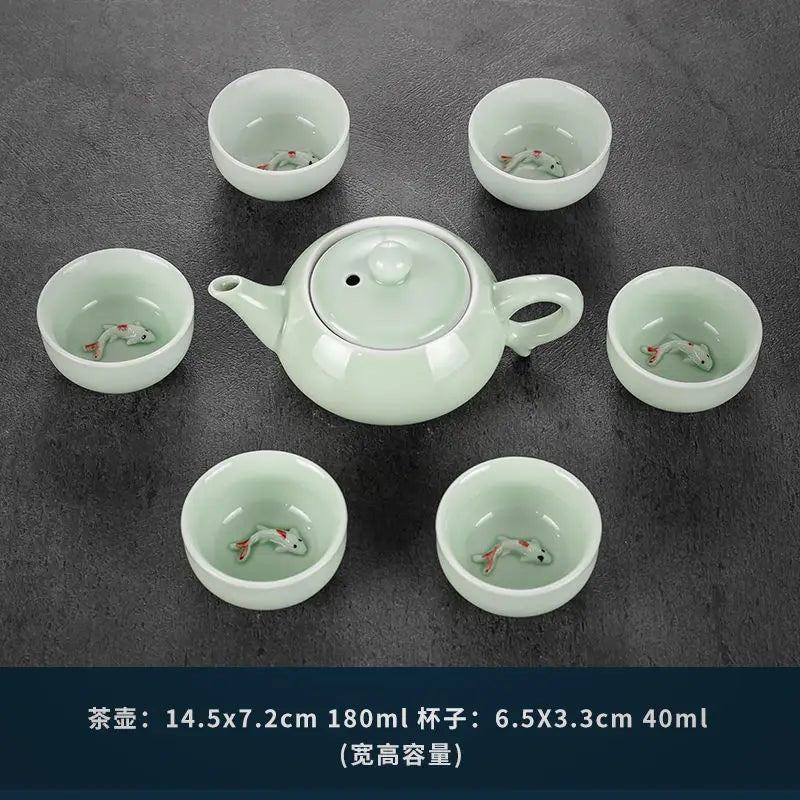 China Celadon Kung Fu Tea Set Ceramic Household Tureen Teapot Teacup Small Set Office Simple Tea Ceremony Tea Tray Set