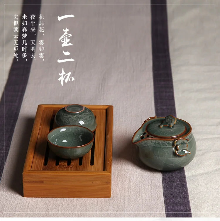 China Ceramic Longquan Celadon Portable Kung Fu Gaiwan Tea Set A Pot and Two Tea Cup Teacup Tea Pot Dropshipping