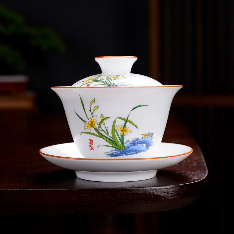 Chinese Blue and White Tea Tureen Ceramic Gaiwan Tea Cup Porcelain Gongfu Teaware Handmade Gai Wan Tea Bowl Set