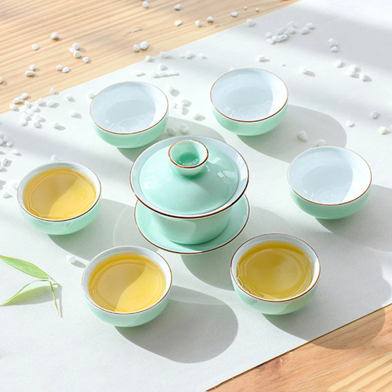 Chinese Celadon Tea Cup Set Creative Ceramic Gaiwan Teacup Travel Portable Teaware Tradition Handmade Tea Ceremony Accessories