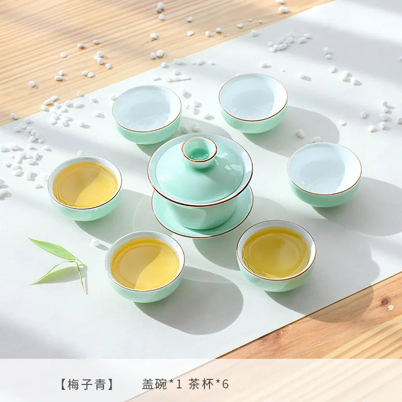 Chinese Celadon Tea Cup Set Creative Ceramic Gaiwan Teacup Travel Portable Teaware Tradition Handmade Tea Ceremony Accessories