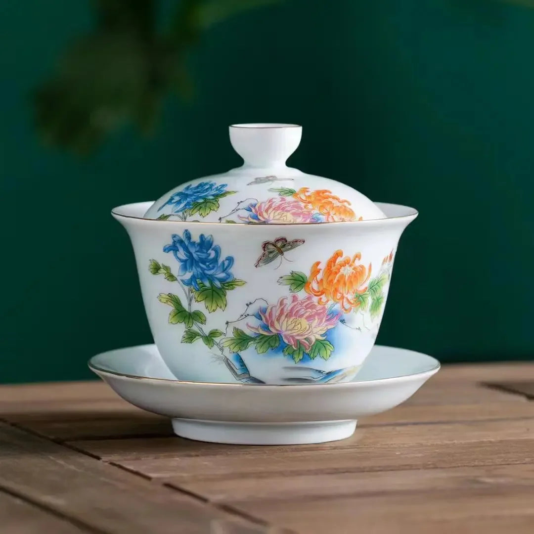 Chinese Jingdezhen Ceramic Gaiwan Tea Cups On-glazed Teaware Home Decor Porcelanas Kung Fu Tea Cup Set Tea Tureen