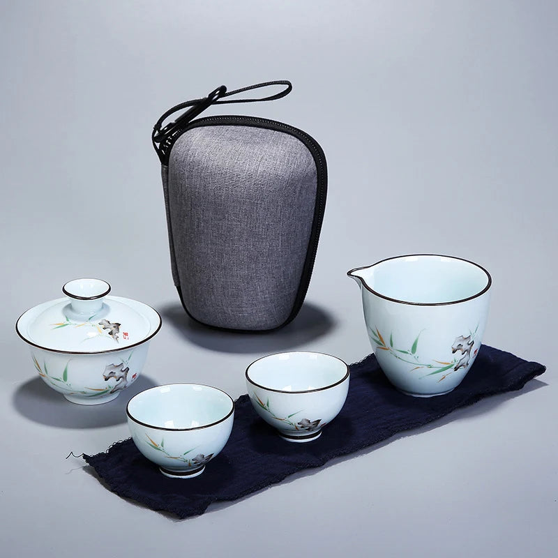 Chinese Kung Fu Tea Set Ceramic Portable Teapot Set Travel Gaiwan Tea Cups of Tea Ceremony Teacup Fine Gift With Travel Bag