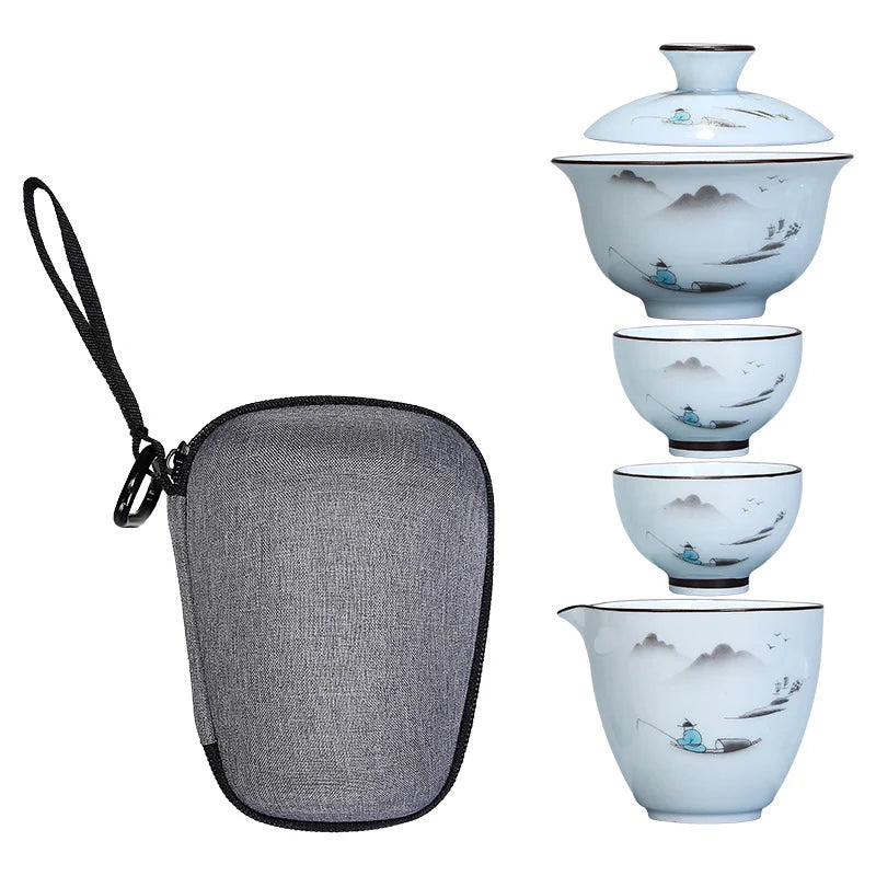 Chinese Kung Fu Tea Set Ceramic Portable Teapot Set Travel Gaiwan Tea Cups of Tea Ceremony Teacup Fine Gift With Travel Bag