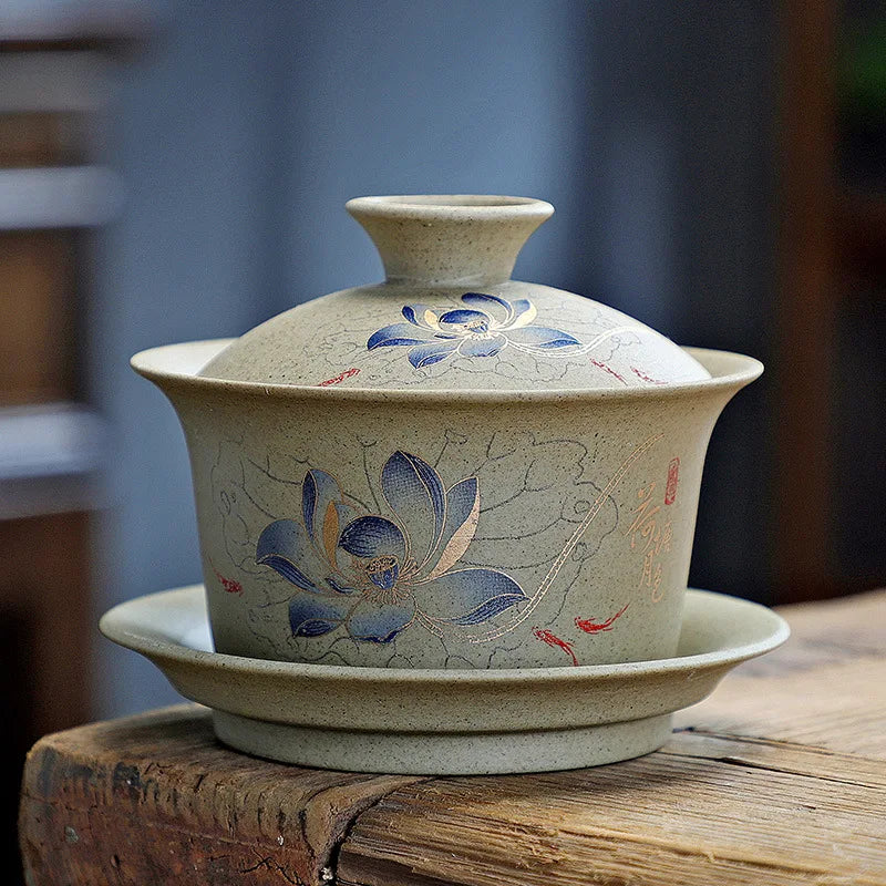 Chinese Purple Clay Gaiwan Handmade Pottery San Cai Gaiwan Kung Fu Teaware Tea Bowls Creative Tea Tureen Tea Cups Set