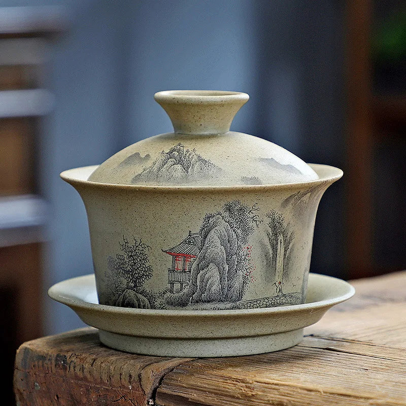Chinese Purple Clay Gaiwan Handmade Pottery San Cai Gaiwan Kung Fu Teaware Tea Bowls Creative Tea Tureen Tea Cups Set