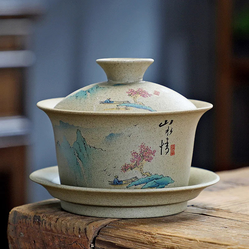 Chinese Purple Clay Gaiwan Handmade Pottery San Cai Gaiwan Kung Fu Teaware Tea Bowls Creative Tea Tureen Tea Cups Set