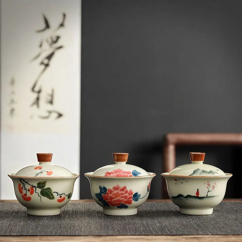 Chinese Rrtro Pottery Sancai Gaiwan Ceramic Teaware Tea Bowls On-glazed Handmade Kung Fu Tea Cups Tea Tureen Set