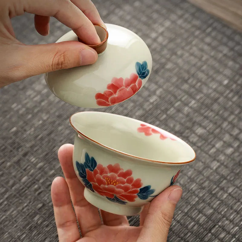 Chinese Rrtro Pottery Sancai Gaiwan Ceramic Teaware Tea Bowls On-glazed Handmade Kung Fu Tea Cups Tea Tureen Set