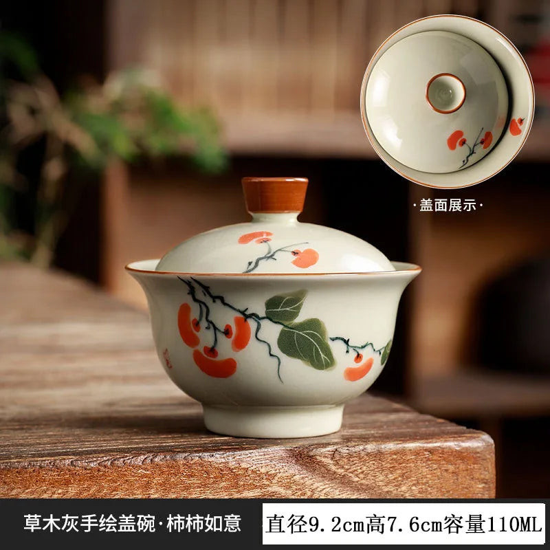 Chinese Rrtro Pottery Sancai Gaiwan Ceramic Teaware Tea Bowls On-glazed Handmade Kung Fu Tea Cups Tea Tureen Set
