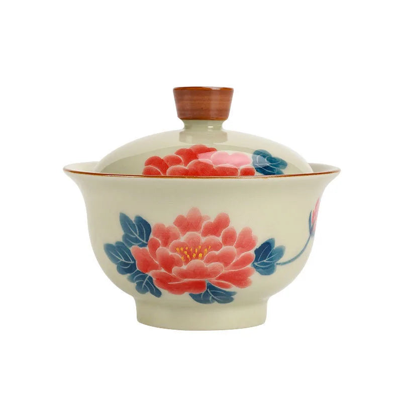 Chinese Rrtro Pottery Sancai Gaiwan Ceramic Teaware Tea Bowls On-glazed Handmade Kung Fu Tea Cups Tea Tureen Set