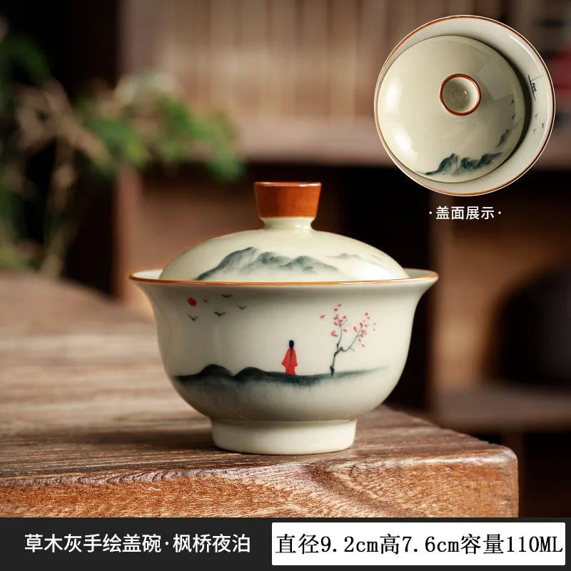 Chinese Rrtro Pottery Sancai Gaiwan Ceramic Teaware Tea Bowls On-glazed Handmade Kung Fu Tea Cups Tea Tureen Set