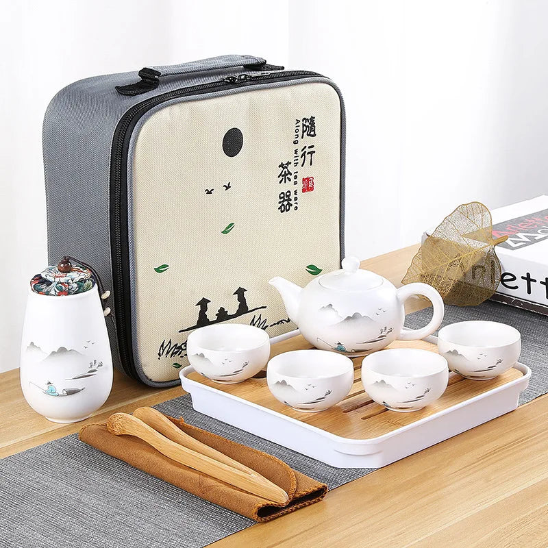 Chinese Tea Set Portable Travel Kung Fu Tea Set Ceramic Teapot Teaset Gaiwan Tea Cup Tea Pot &Travel Bag Tea Caddy Coffee Pot