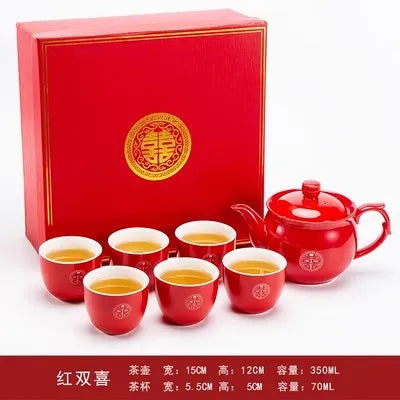Chinese Traditional Red Porcelain Tea Pot Set, Teacup, Boutique Teaware, Wedding Accessories