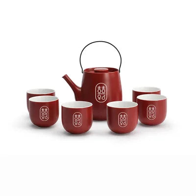 Chinese Traditional Wedding Ceramic Tea Set Teaware Kettle Retro Porcelain Teapot Tea Cup Newlywed Souvenir Gift Party Supplies