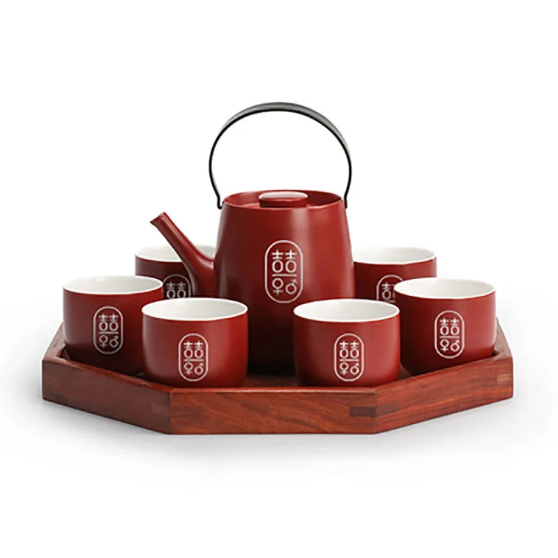 Chinese Traditional Wedding Ceramic Tea Set Teaware Kettle Retro Porcelain Teapot Tea Cup Newlywed Souvenir Gift Party Supplies