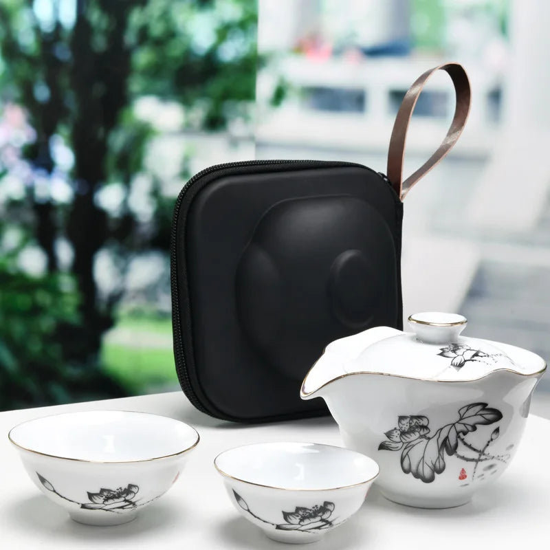 Chinese Travel Kung Fu Tea Set Black Color Ceramic Portable Teapot Porcelain Tea Gaiwan Cups of Tea Ceremony Pot Free shipping