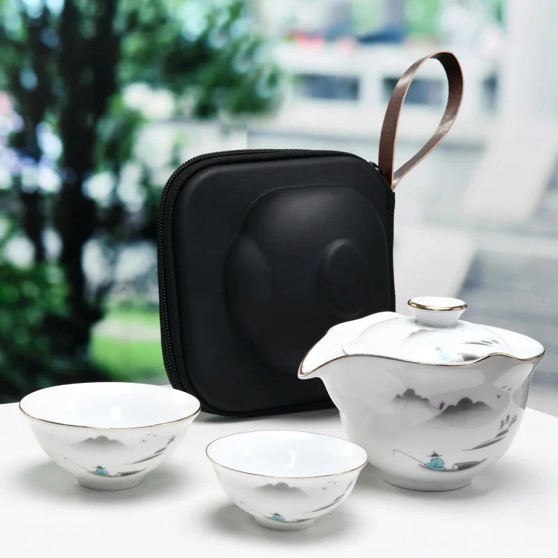 Chinese Travel Kung Fu Tea Set Black Color Ceramic Portable Teapot Porcelain Tea Gaiwan Cups of Tea Ceremony Pot Free shipping