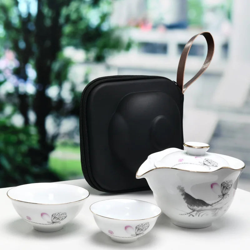 Chinese Travel Kung Fu Tea Set Black Color Ceramic Portable Teapot Porcelain Tea Gaiwan Cups of Tea Ceremony Pot Free shipping