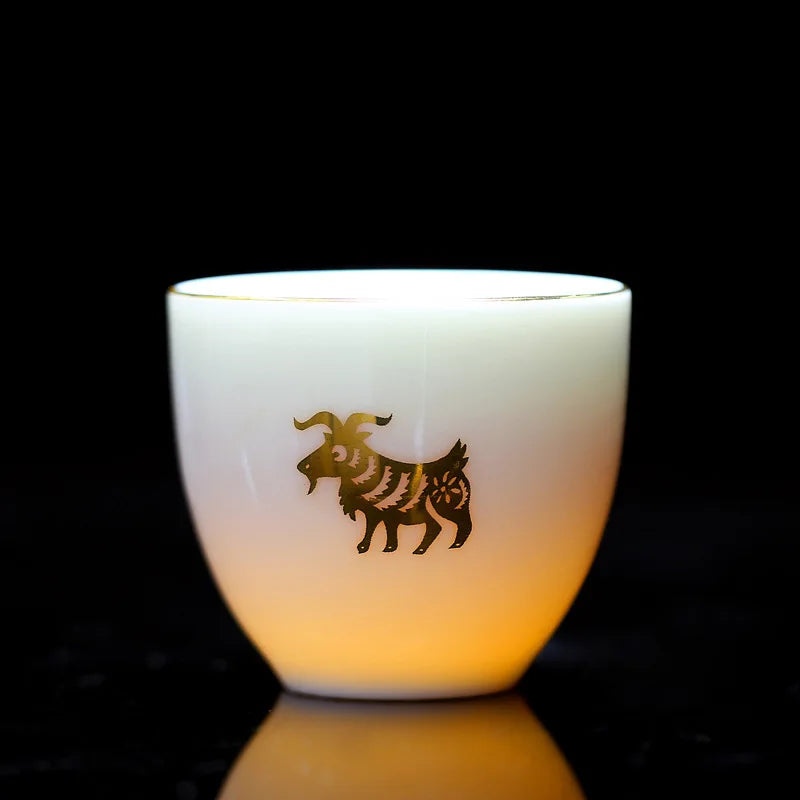 Chinese Zodiac Tea Cup Drawing Gold White Porcelain Teacup Retro Teaware Ceramic Tea Cup Set Master Cup Kung Fu Tea Set Tea Bowl