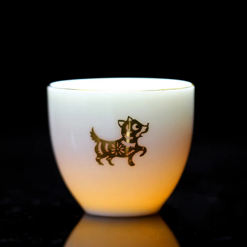 Chinese Zodiac Tea Cup Drawing Gold White Porcelain Teacup Retro Teaware Ceramic Tea Cup Set Master Cup Kung Fu Tea Set Tea Bowl