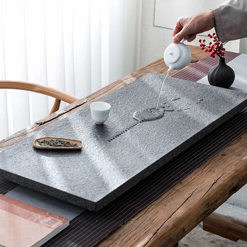 Chinese complete tea tray for kungfu tea set black stone tea boat water draining outlet heavy stone tea table multi-size