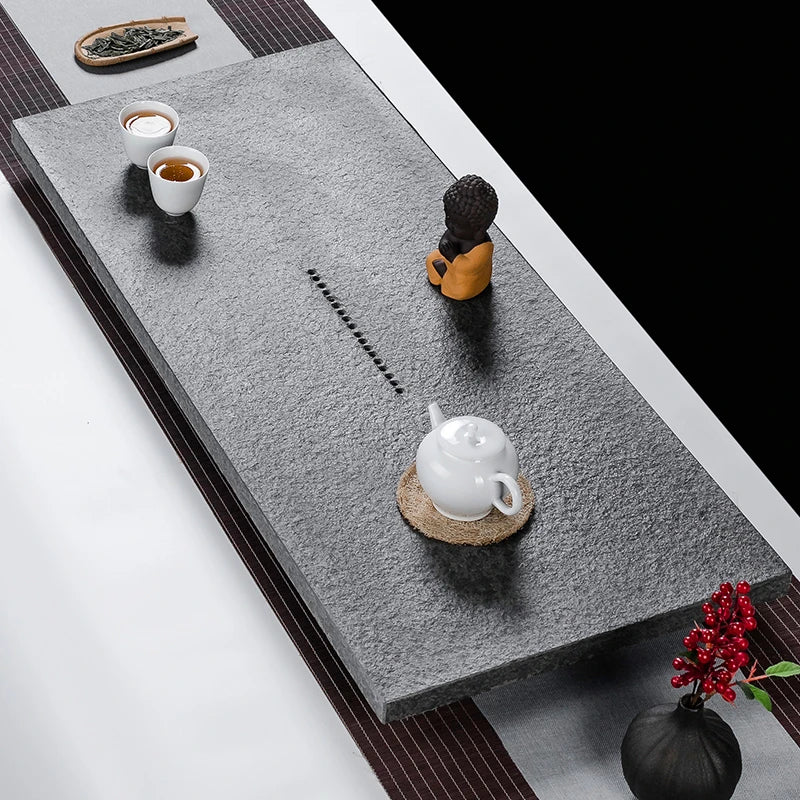 Chinese complete tea tray for kungfu tea set black stone tea boat water draining outlet heavy stone tea table multi-size