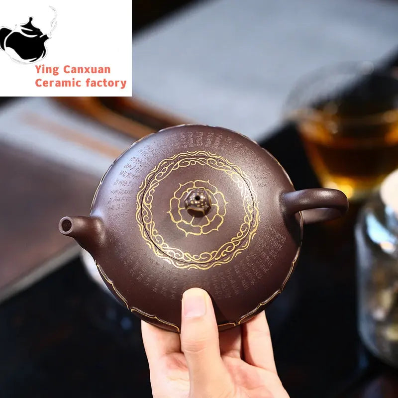 Chinese teapot Yixing purple clay teapot raw ore purple clay handmade 24K gold Buddha lotus teapot Kung Fu tea set Yixing teapot