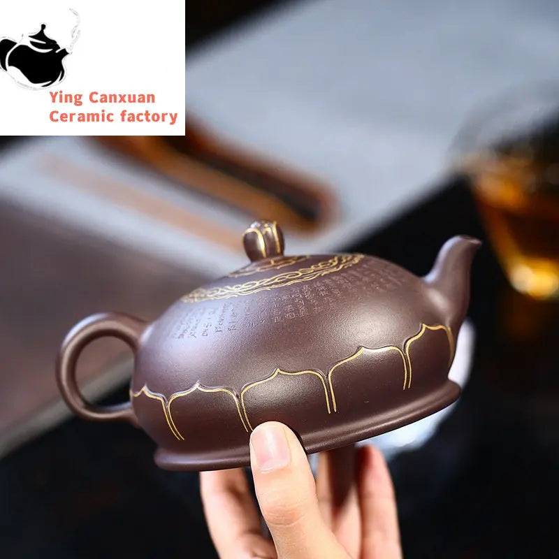 Chinese teapot Yixing purple clay teapot raw ore purple clay handmade 24K gold Buddha lotus teapot Kung Fu tea set Yixing teapot