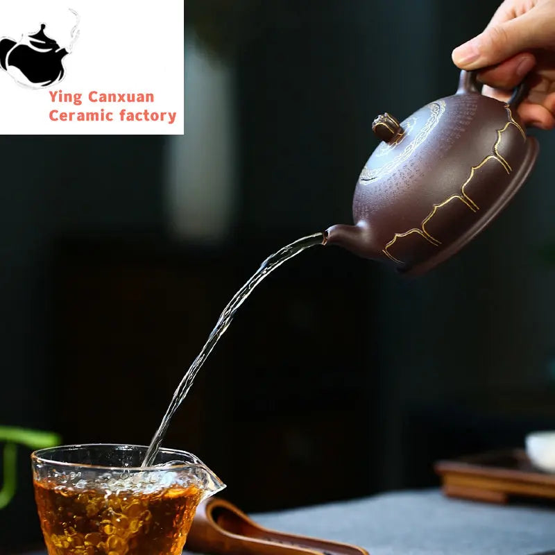 Chinese teapot Yixing purple clay teapot raw ore purple clay handmade 24K gold Buddha lotus teapot Kung Fu tea set Yixing teapot