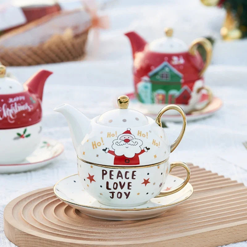 Christmas Pattern Porcelain Personal Tea Set Ceramic Portable Tea Set for One with Teapot Teacup and Saucer Service for Gift