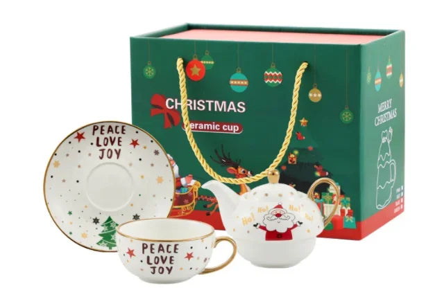 Christmas Pattern Porcelain Personal Tea Set Ceramic Portable Tea Set for One with Teapot Teacup and Saucer Service for Gift
