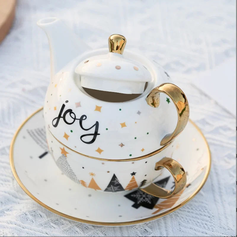 Christmas Pattern Porcelain Personal Tea Set Ceramic Portable Tea Set for One with Teapot Teacup and Saucer Service for Gift