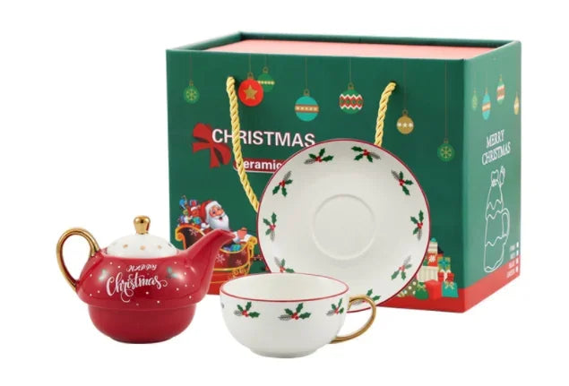 Christmas Pattern Porcelain Personal Tea Set Ceramic Portable Tea Set for One with Teapot Teacup and Saucer Service for Gift